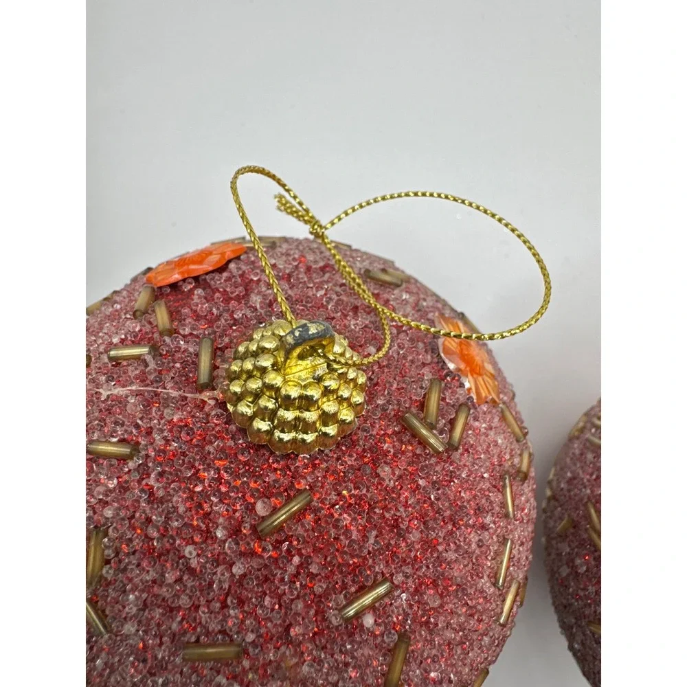 Red Sugar Beaded Christmas Ornaments with Orange Flower Sequins Set of 2 4in